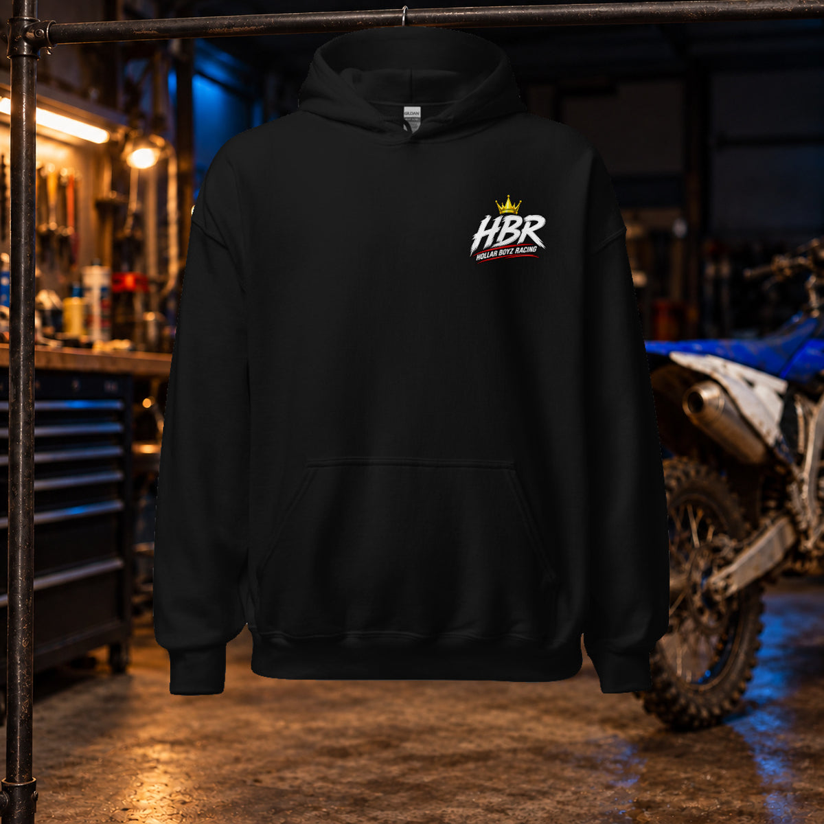 Hollar Built HBR Graphic Black Hoodie — Gildan 18500 front; original approved artwork, digital garage mockup, not a physical sample