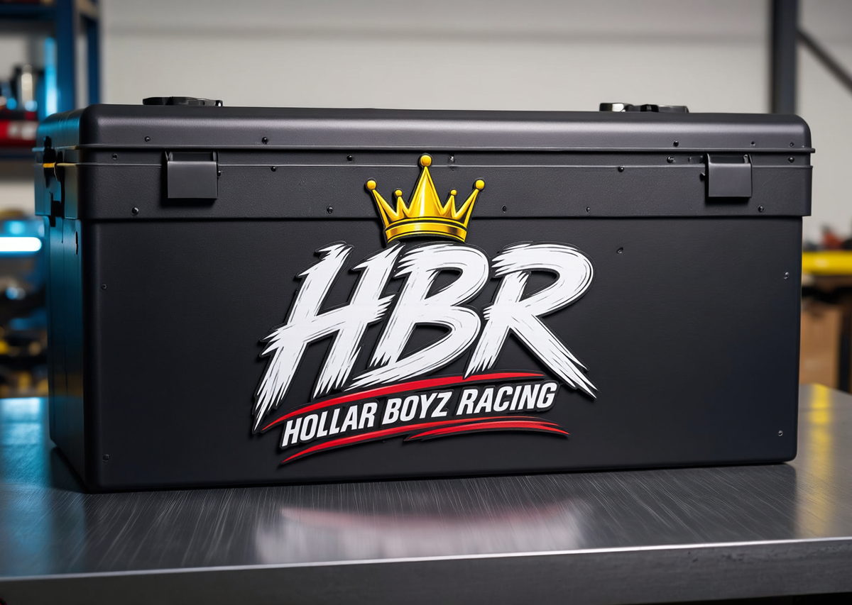 HBR crown logo decal in a photoreal race-shop setting