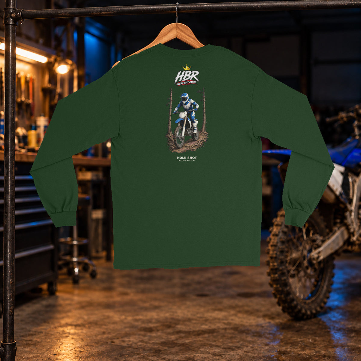 HBR Trail Crew Long Sleeve — Forest Green back — original artwork on Gildan 2400 in HBR garage