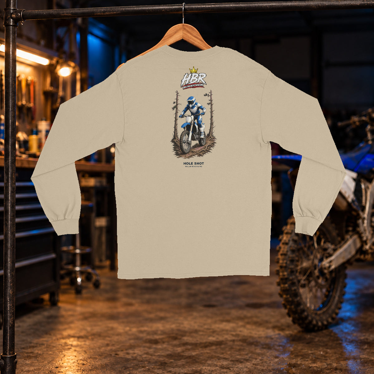 HBR Trail Crew Long Sleeve — Sand back — original artwork on Gildan 2400 in HBR garage