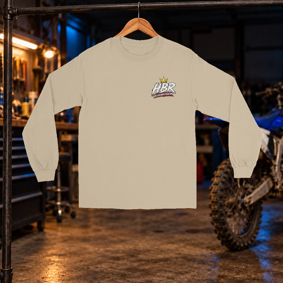 HBR Trail Crew Long Sleeve — Sand front — original artwork on Gildan 2400 in HBR garage